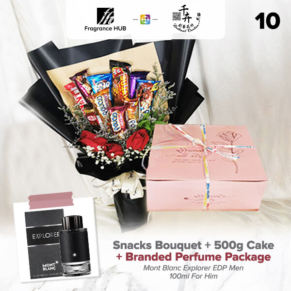 Snacks Bouquet with 500g Cake + Fragrance Hub Branded Perfume (By: Brilliant Creative Florist from Sibu)