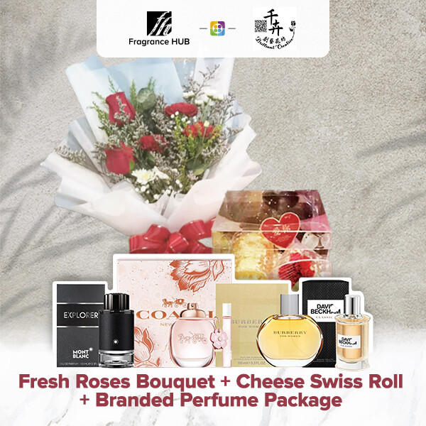 Fresh Roses Bouquet with Cheese Swiss Roll + Fragrance Hub Branded Perfume (By: Brilliant Creative Florist from Sibu)