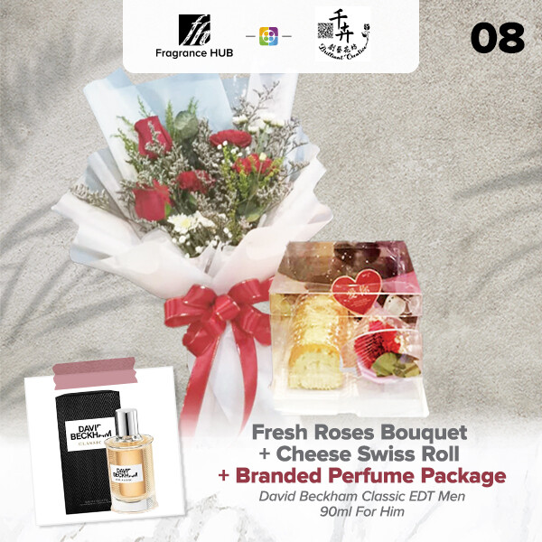 Fresh Roses Bouquet with Cheese Swiss Roll + Fragrance Hub Branded Perfume (By: Brilliant Creative Florist from Sibu)