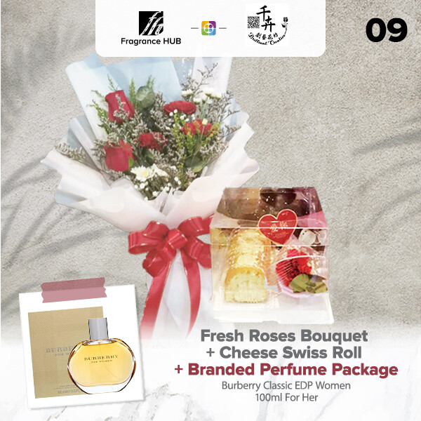 Fresh Roses Bouquet with Cheese Swiss Roll + Fragrance Hub Branded Perfume (By: Brilliant Creative Florist from Sibu)