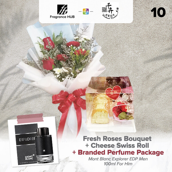 Fresh Roses Bouquet with Cheese Swiss Roll + Fragrance Hub Branded Perfume (By: Brilliant Creative Florist from Sibu)