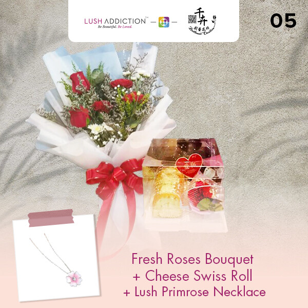 Fresh Roses Bouquet with Cheese Swiss Roll + Lush Addiction Necklace (By: Brilliant Creative Florist from Sibu)