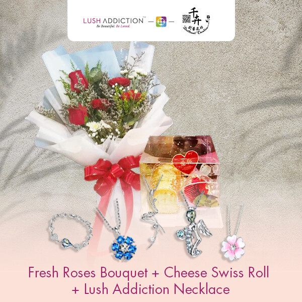 Fresh Roses Bouquet with Cheese Swiss Roll + Lush Addiction Necklace (By: Brilliant Creative Florist from Sibu)