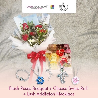 Fresh Roses Bouquet with Cheese Swiss Roll + Lush Addiction Necklace (By: Brilliant Creative Florist from Sibu)