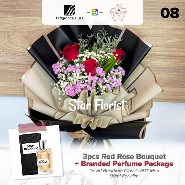 3pcs Red Rose Bouquet + Fragrance Hub Branded Perfume (By: Star Florist from Puchong)