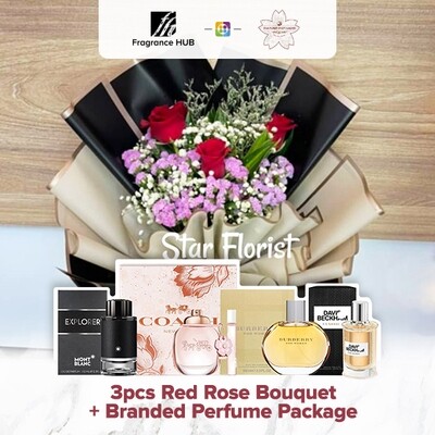 3pcs Red Rose Bouquet + Fragrance Hub Branded Perfume (By: Star Florist from Puchong)