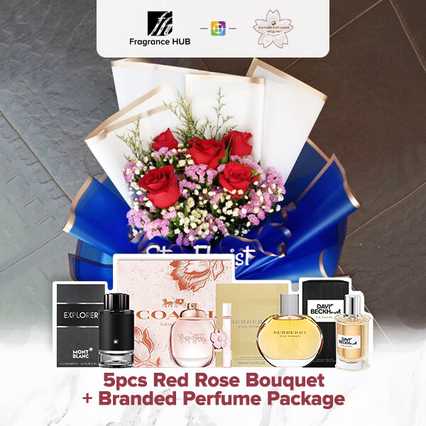 5pcs Red Rose Bouquet + Fragrance Hub Branded Perfume (By: Star Florist from Puchong)