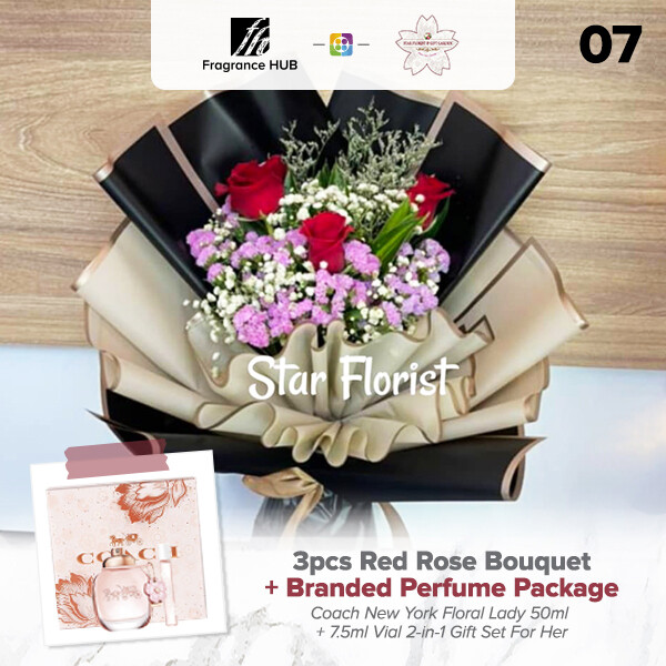 3pcs Red Rose Bouquet + Fragrance Hub Branded Perfume (By: Star Florist from Puchong)