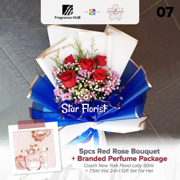 5pcs Red Rose Bouquet + Fragrance Hub Branded Perfume (By: Star Florist from Puchong)