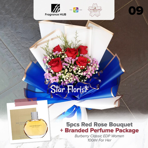 5pcs Red Rose Bouquet + Fragrance Hub Branded Perfume (By: Star Florist from Puchong)
