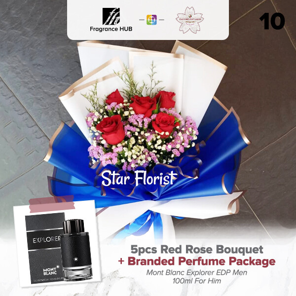 5pcs Red Rose Bouquet + Fragrance Hub Branded Perfume (By: Star Florist from Puchong)