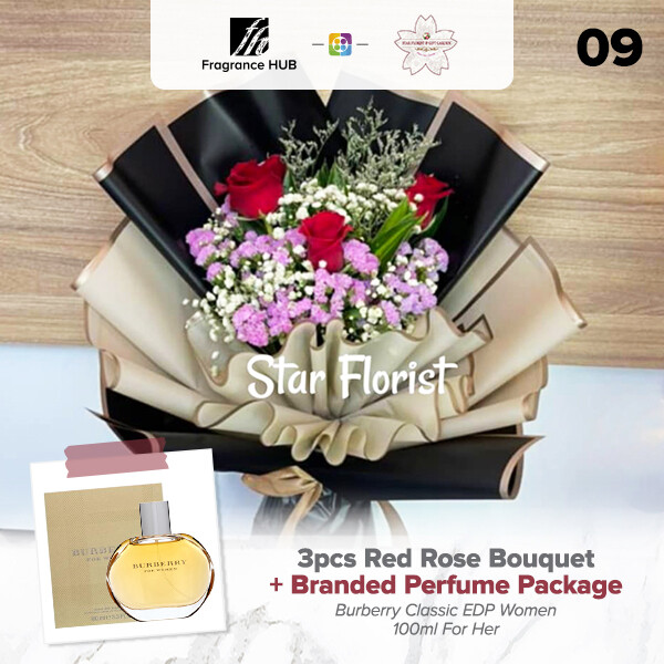 3pcs Red Rose Bouquet + Fragrance Hub Branded Perfume (By: Star Florist from Puchong)