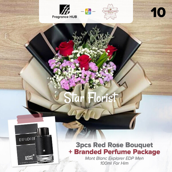 3pcs Red Rose Bouquet + Fragrance Hub Branded Perfume (By: Star Florist from Puchong)