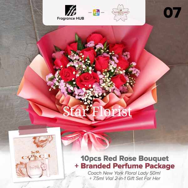 10pcs Red Rose Bouquet + Fragrance Hub Branded Perfume (By: Star Florist from Puchong)