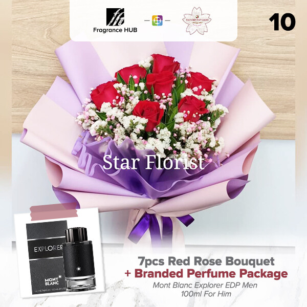 7pcs Red Rose Bouquet + Fragrance Hub Branded Perfume (By: Star Florist from Puchong)