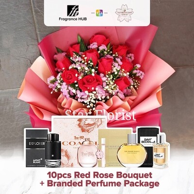10pcs Red Rose Bouquet + Fragrance Hub Branded Perfume (By: Star Florist from Puchong)