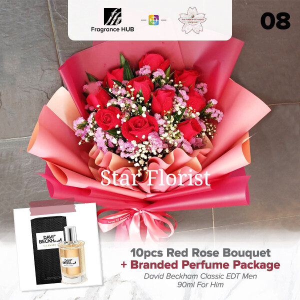 10pcs Red Rose Bouquet + Fragrance Hub Branded Perfume (By: Star Florist from Puchong)