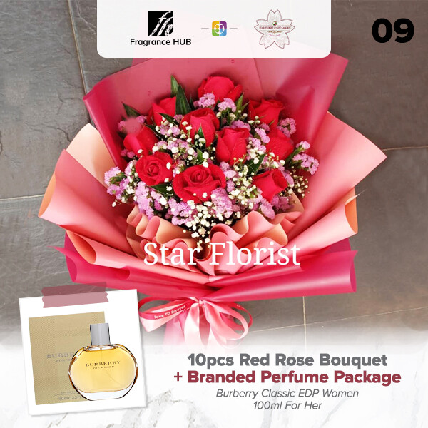 10pcs Red Rose Bouquet + Fragrance Hub Branded Perfume (By: Star Florist from Puchong)