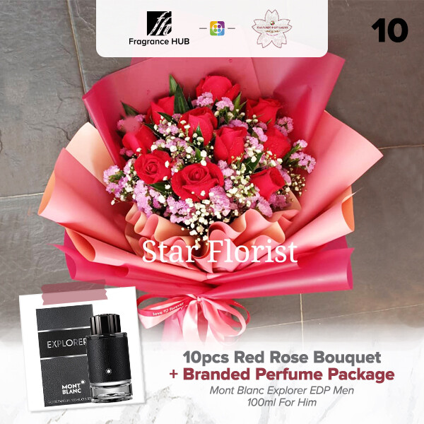 10pcs Red Rose Bouquet + Fragrance Hub Branded Perfume (By: Star Florist from Puchong)