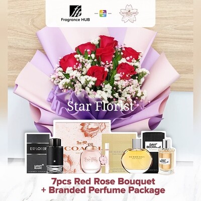 7pcs Red Rose Bouquet + Fragrance Hub Branded Perfume (By: Star Florist from Puchong)