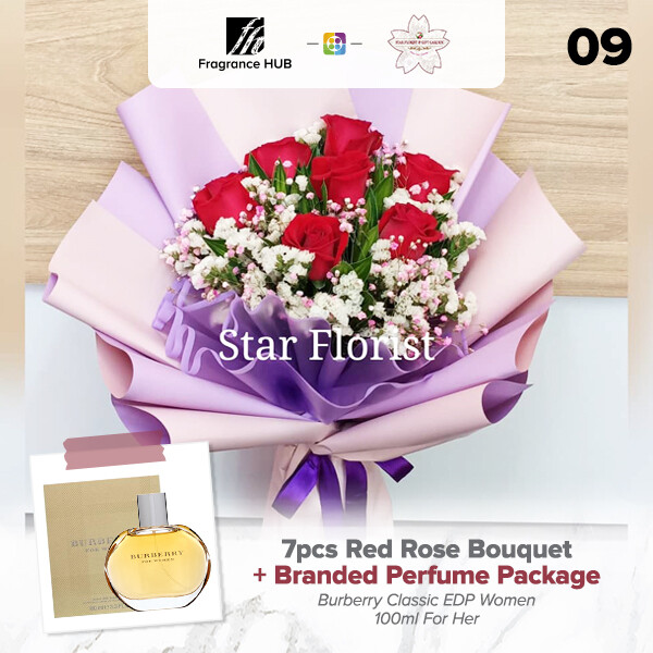 7pcs Red Rose Bouquet + Fragrance Hub Branded Perfume (By: Star Florist from Puchong)