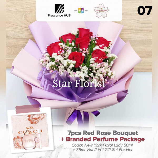 7pcs Red Rose Bouquet + Fragrance Hub Branded Perfume (By: Star Florist from Puchong)
