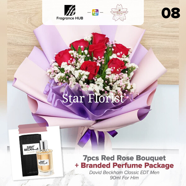 7pcs Red Rose Bouquet + Fragrance Hub Branded Perfume (By: Star Florist from Puchong)