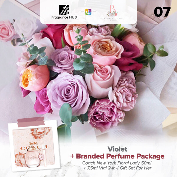 Violet Flower Bouquet + Fragrance Hub Branded Perfume (By: Bloomsbury from Puchong)