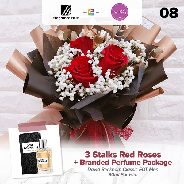 3 stalks Red Roses with Baby Breath + Fragrance Hub Branded Perfume (By: Sweet Diary from Puchong)