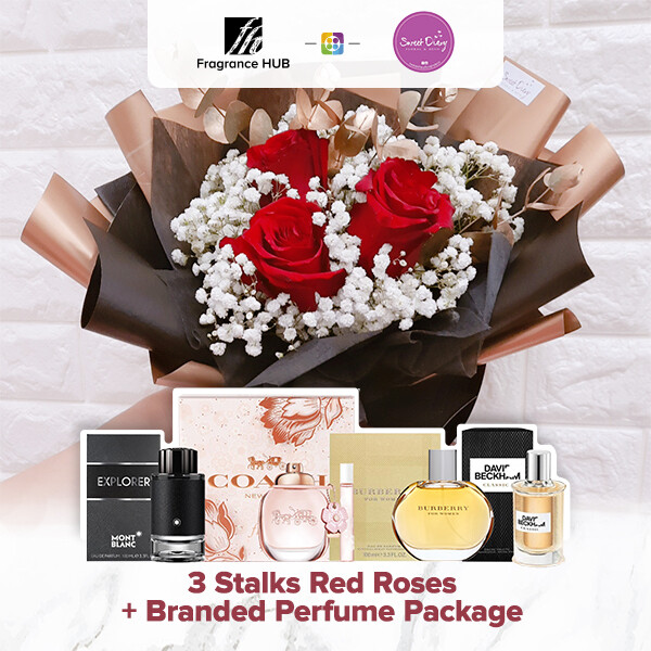 3 stalks Red Roses with Baby Breath + Fragrance Hub Branded Perfume (By: Sweet Diary from Puchong)