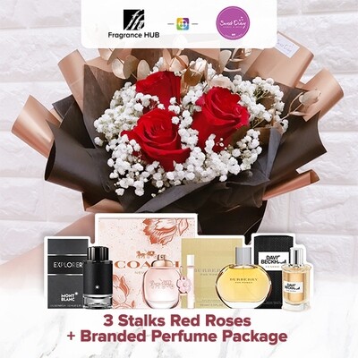 3 stalks Red Roses with Baby Breath + Fragrance Hub Branded Perfume (By: Sweet Diary from Puchong)