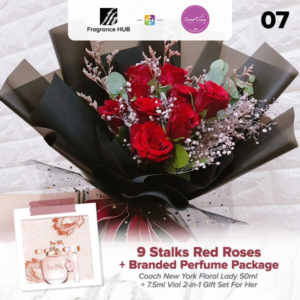 9 stalks Red Roses with Baby Breath + Fragrance Hub Branded Perfume (By: Sweet Diary from Puchong)