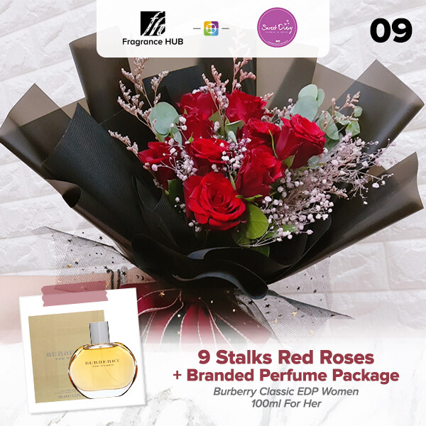 9 stalks Red Roses with Baby Breath + Fragrance Hub Branded Perfume (By: Sweet Diary from Puchong)