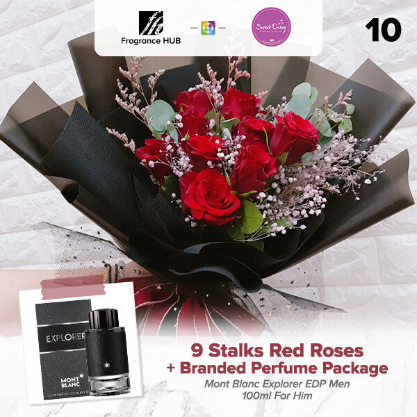 9 stalks Red Roses with Baby Breath + Fragrance Hub Branded Perfume (By: Sweet Diary from Puchong)