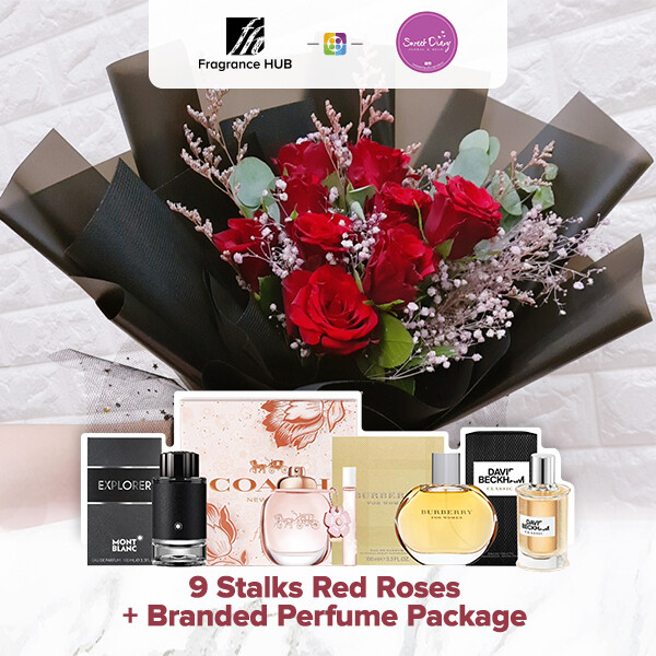 9 stalks Red Roses with Baby Breath + Fragrance Hub Branded Perfume (By: Sweet Diary from Puchong)