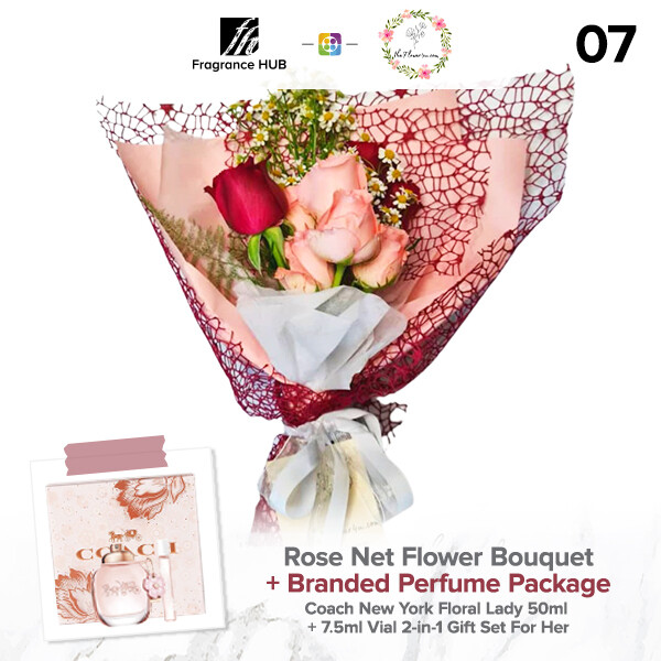 Rose Net Flower Bouquet + Fragrance Hub Branded Perfume (By: Flower 4 U from Petaling Jaya)