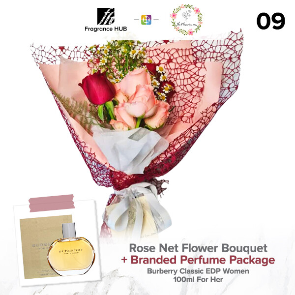 Rose Net Flower Bouquet + Fragrance Hub Branded Perfume (By: Flower 4 U from Petaling Jaya)