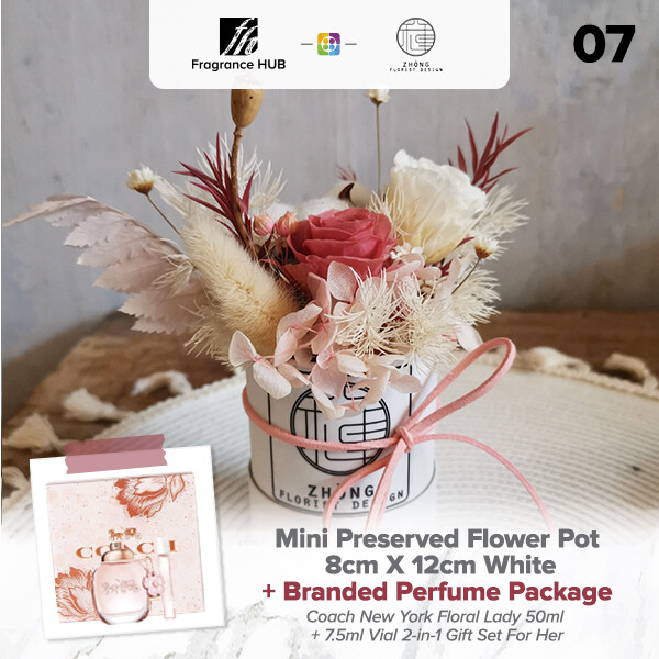 Mini Preserved Flower Pot - White  + Fragrance Hub Branded Perfume (By: Zhong Florist from Penang)