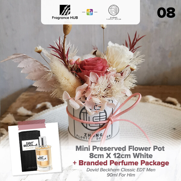 Mini Preserved Flower Pot - White  + Fragrance Hub Branded Perfume (By: Zhong Florist from Penang)