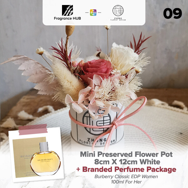 Mini Preserved Flower Pot - White  + Fragrance Hub Branded Perfume (By: Zhong Florist from Penang)
