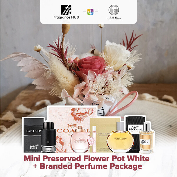 Mini Preserved Flower Pot - White  + Fragrance Hub Branded Perfume (By: Zhong Florist from Penang)