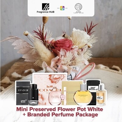 Mini Preserved Flower Pot - White  + Fragrance Hub Branded Perfume (By: Zhong Florist from Penang)
