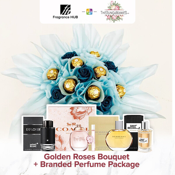 Golden Roses Bouquet + Fragrance Hub Branded Perfume (By: The Bunga Manies from Bintulu)