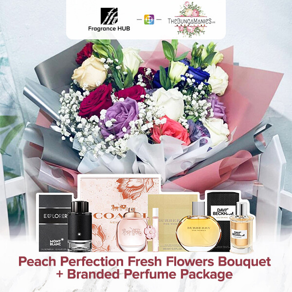 Peach Perfection Fresh Flowers Bouquet + Fragrance Hub Branded Perfume (By: The Bunga Manies from Bintulu)