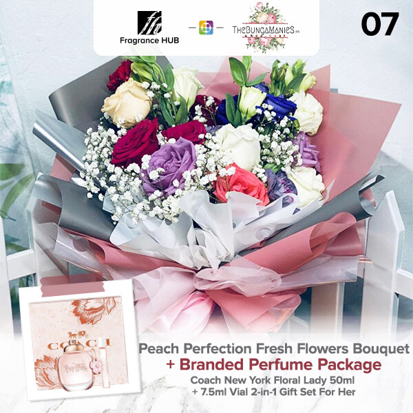 Peach Perfection Fresh Flowers Bouquet + Fragrance Hub Branded Perfume (By: The Bunga Manies from Bintulu)