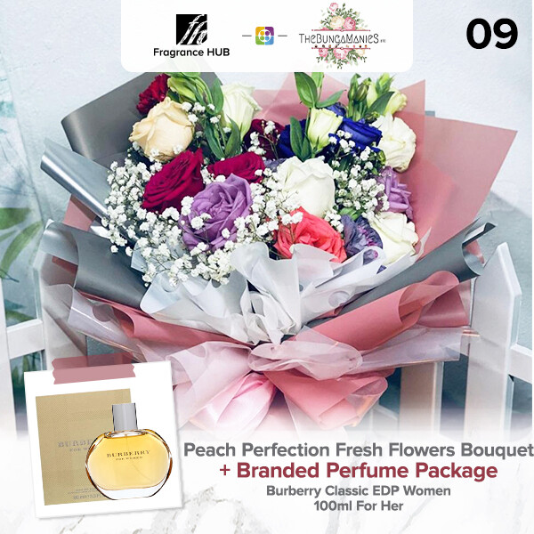 Peach Perfection Fresh Flowers Bouquet + Fragrance Hub Branded Perfume (By: The Bunga Manies from Bintulu)