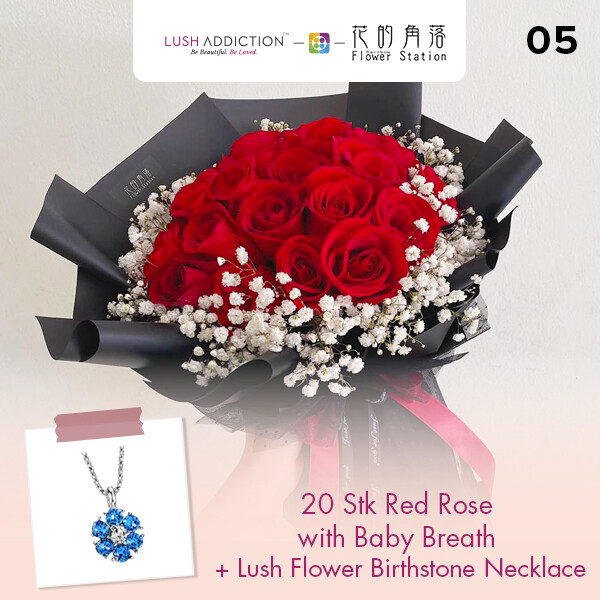 20 Stk Red Rose with Baby Breath + Lush Addiction Necklace (By: Rainbow Flower Station from Cheras)