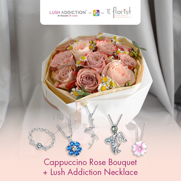 Cappuccino Rose Bouquet + Lush Addiction Necklace (By: iiFlorist from Cheras)