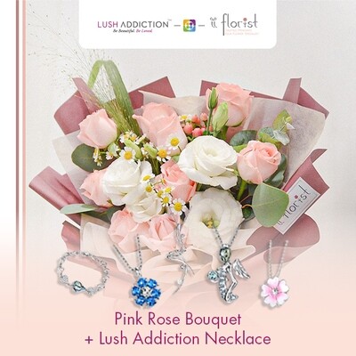 Pink Rose Bouquet + Lush Addiction Necklace (By: iiFlorist from Cheras)