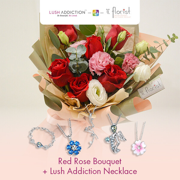 Red Rose Bouquet + Lush Addiction Necklace (By: iiFlorist from Cheras)